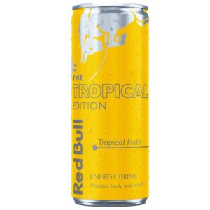 Red Bull Tropical Edition Tropical Fruits 250 ml. Red Bull Tropical Edition Tropical Fruits combina il classico boost energetico Red Bull con un mix esotico di frutti tropicali che ricorda mango, ananas e papaya. Il risultato è una bevanda frizzante, dolce e ultra refreshing, perfetta ghiacciata.