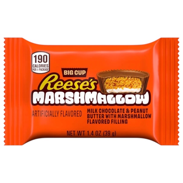 Reese’s Big Cup Marshmallow 39 gr. Le Reese’s Big Cup Marshmallow uniscono il classico cioccolato al latte Reese’s con un ripieno cremoso di peanut butter e morbido marshmallow fluff. Una limited edition americana super golosa in formato king size.