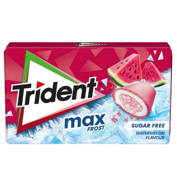 Trident Max Frost Watermelon 20 gr. Trident Max Frost Watermelon combina il gusto dolce e succoso dell’anguria con un intenso effetto frost rinfrescante che lascia una sensazione fresca e ghiacciata in bocca. Questa variante della linea Trident Max è pensata per offrire una doppia esperienza: sapore fruttato immediato e lunga freschezza grazie alla componente mint/frost. Il risultato è una chewing gum diversa dalle classiche watermelon gum, più intensa e “cooling”.