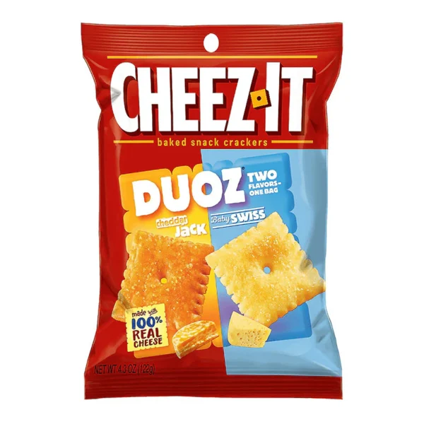 Ricchi di un intenso sapore di formaggio e con una croccantezza irresistibile, i Cheez-It Duoz Cheddar Jack n Baby Swiss uniscono il gusto deciso e saporito del Cheddar Jack alla morbidezza e cremosità del Baby Swiss, per uno snack perfetto. Preparati con formaggio 100% vero, questi cracker irresistibili offrono il perfetto equilibrio tra sapore intenso, cremosità burrosa e croccantezz