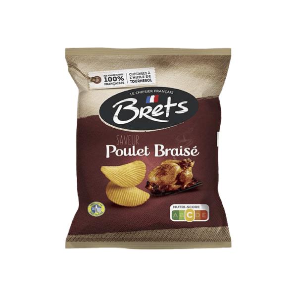 Brets Poulet Braisé – Chips al Pollo Arrosto 25g.  Direttamente dalla Bretagna arriva Brets Poulet Braisé, una delle varianti più amate della celebre marca francese Bret's. Queste patatine sono preparate con patate coltivate in Francia e cotte in olio di girasole, offrendo una croccantezza eccezionale e una qualità superiore. Il gusto Poulet Braisé (Pollo Arrosto) ricrea il sapore del classico pollo cotto lentamente al forno: note di carne arrostita, erbe aromatiche, pepe nero e leggere sfumature affumicate si combinano per dare vita a uno snack ricco, saporito e incredibilmente coinvolgente.