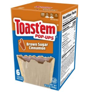 Toast em Pop Tarts Brown Sugar Cinnamon. Toast'em Pop-Ups Frosted Brown Sugar Cinnamon sono una delle colazioni americane più amate. Due fragranti sfoglie racchiudono un ricco ripieno di brown sugar e cannella, il tutto completato da una dolce glassa che rende ogni morso ancora più goloso.Puoi gustarli direttamente dalla confezione oppure scaldarli nel tostapane o per pochi secondi nel microonde per ottenere una consistenza ancora più fragrante e un ripieno caldo e profumato.