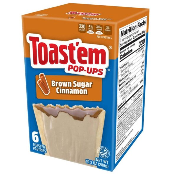 Toast em Pop Tarts Brown Sugar Cinnamon Toast em Pop Tarts Brown Sugar Cinnamon. Toast'em Pop-Ups Frosted Brown Sugar Cinnamon sono una delle colazioni americane più amate. Due fragranti sfoglie racchiudono un ricco ripieno di brown sugar e cannella, il tutto completato da una dolce glassa che rende ogni morso ancora più goloso.Puoi gustarli direttamente dalla confezione oppure scaldarli nel tostapane o per pochi secondi nel microonde per ottenere una consistenza ancora più fragrante e un ripieno caldo e profumato.