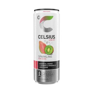 Celsius Kiwi Guava è un energy drink senza zuccheri che unisce Kiwi e Guava in un mix super equilibrato e ultra beverino.. Contiene 200 mg di caffeina naturale da tè verde e guaranà, arricchito con vitamine B6, B12 e C. Vegano, senza glutine e non-OGM, è perfetto come pre-workout o per una carica di energia pulita e rinfrescante, da gustare ben freddo.