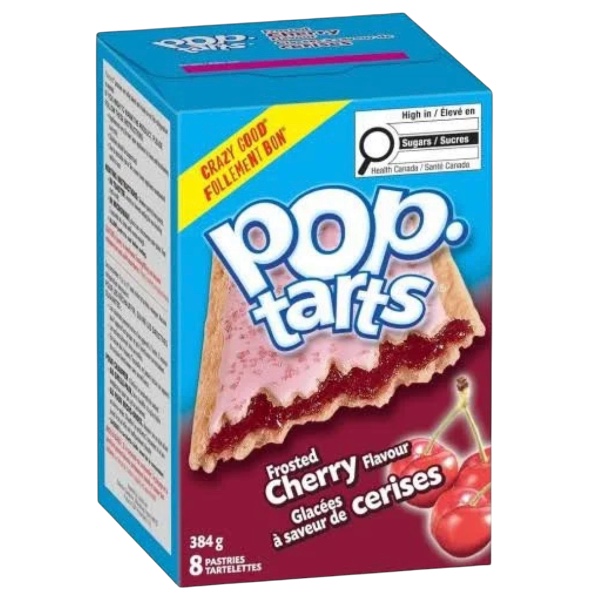 Pop Tarts Frosted Cherry USA 384 gr. Pop-Tarts Frosted Cherry è uno dei gusti storici della celebre linea Kellogg's Pop-Tarts. Due fragranti sfoglie dorate racchiudono un generoso ripieno alla ciliegia dal gusto dolce e leggermente acidulo, il tutto ricoperto da una glassa bianca decorata con cristalli di zucchero colorati. Il contrasto tra la pasta friabile, il ripieno fruttato e la dolce glassa rende queste toaster pastries un grande classico della colazione americana. Possono essere gustate direttamente dalla confezione oppure scaldate nel tostapane o nel microonde per ottenere un ripieno ancora più morbido e intenso.