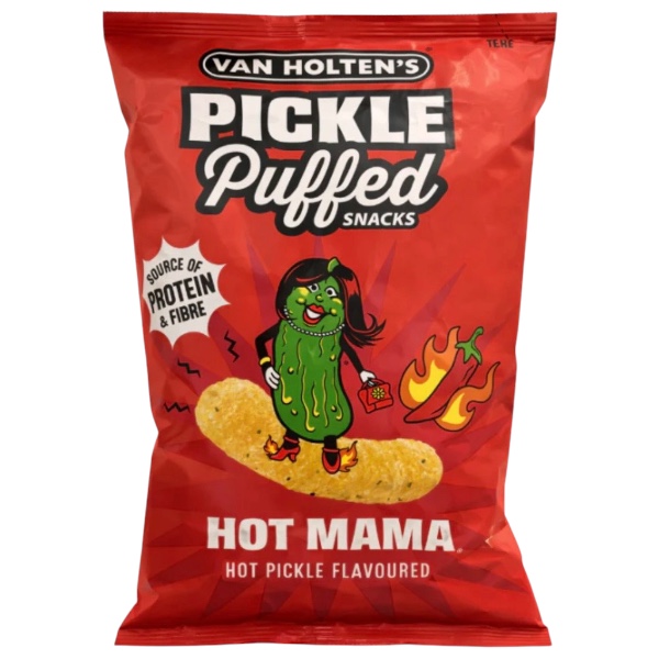 Van Holtens Pickle Puffed Snacks Hot Mama è una delle novità più originali del panorama snack americano. Nato dalla collaborazione tra Van Holten's, celebre per i suoi cetriolini in busta, e Whatever Brands, questo snack trasforma il caratteristico gusto Hot Mama Pickle in una versione leggera, croccante e irresistibile. Realizzati con farina di lenticchie rosse e mais, questi puff sono cotti al forno e non fritti, offrendo una consistenza leggera e un elevato contenuto proteico. Il sapore combina l'acidità tipica del cetriolino sottaceto con una decisa nota piccante, per uno snack intenso e perfetto per gli amanti dei gusti estremi.