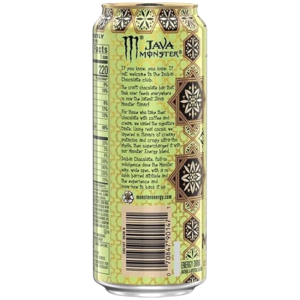 Lasciati conquistare dalla nuova Monster Java Dubai Chocolate, una delle novità più attese della linea Java Monster. Ispirata al famosissimo Dubai Chocolate, questa versione combina il gusto intenso del caffè premium, il sapore avvolgente del cioccolato al latte, una delicata nota di pistacchio e il caratteristico tocco croccante del kataifi, creando un'esperienza cremosa e irresistibile.