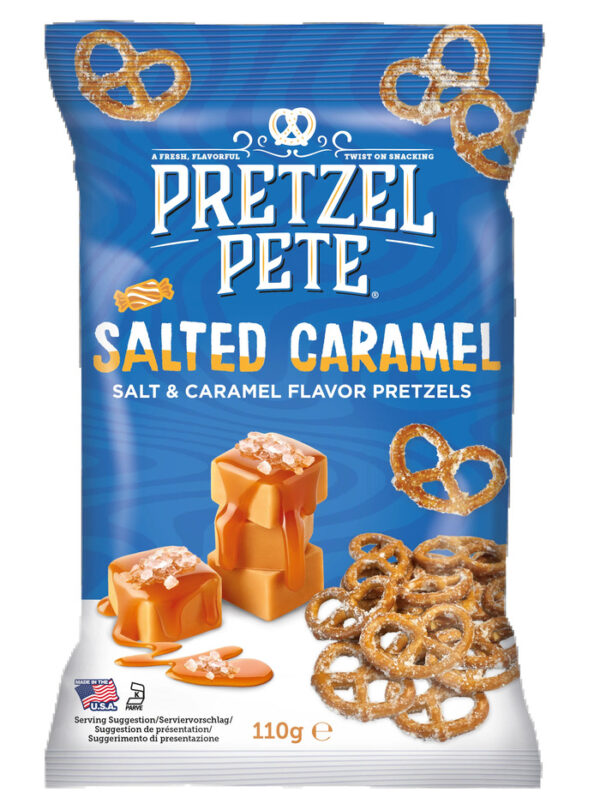 Pretezel Pete Salted caramel 110 gr. Pretzel Pete Salted Caramel è uno degli snack più iconici del marchio americano Pretzel Pete. Preparati secondo la tradizione dei classici pretzel della Pennsylvania, questi mini pretzel vengono ricoperti con un delizioso condimento al caramello salato, creando un mix perfetto di croccantezza, dolcezza e una leggera nota salata. Ogni morso offre una consistenza irresistibilmente croccante accompagnata da un sapore intenso di zucchero di canna, caramello e sale marino. Lo snack ideale per chi ama gli abbinamenti "sweet & salty", sempre più popolari negli Stati Uniti.