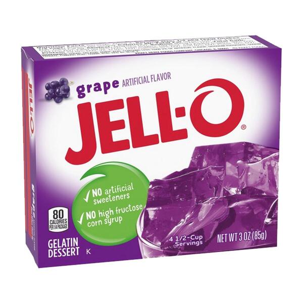 Jell-O Grape 85 g. Porta in tavola tutto il gusto della classica gelatina americana con Jell-O Grape. Il suo intenso sapore d'uva e la preparazione semplicissima la rendono perfetta come dessert fresco, per feste, compleanni o per creare dolci creativi come cheesecake, parfait e gelatine a strati.