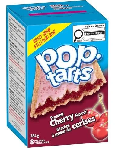 Pop Tarts Frosted Cherry USA 384 gr. Pop-Tarts Frosted Cherry è uno dei gusti storici della celebre linea Kellogg's Pop-Tarts. Due fragranti sfoglie dorate racchiudono un generoso ripieno alla ciliegia dal gusto dolce e leggermente acidulo, il tutto ricoperto da una glassa bianca decorata con cristalli di zucchero colorati. Il contrasto tra la pasta friabile, il ripieno fruttato e la dolce glassa rende queste toaster pastries un grande classico della colazione americana. Possono essere gustate direttamente dalla confezione oppure scaldate nel tostapane o nel microonde per ottenere un ripieno ancora più morbido e intenso.