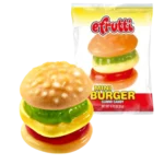 eFrutti The Original Mini Burger 9 g Divertiti con eFrutti Mini Burger, la simpatica caramella gommosa a forma di vero mini hamburger! Colorata, originale e composta da diversi strati di caramella gommosa al gusto frutta. Ogni confezione contiene un mini burger incartato singolarmente da 9 g