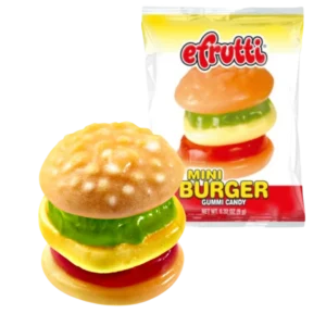 eFrutti The Original Mini Burger 9 g Divertiti con eFrutti Mini Burger, la simpatica caramella gommosa a forma di vero mini hamburger! Colorata, originale e composta da diversi strati di caramella gommosa al gusto frutta. Ogni confezione contiene un mini burger incartato singolarmente da 9 g