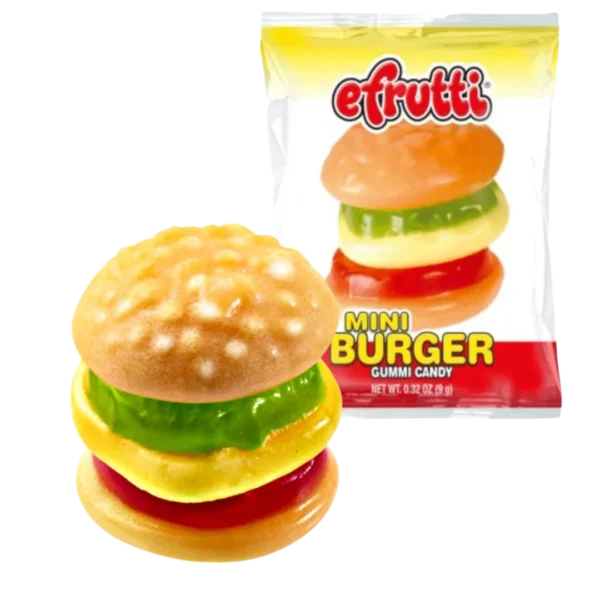 eFrutti The Original Mini Burger 9 g Divertiti con eFrutti Mini Burger, la simpatica caramella gommosa a forma di vero mini hamburger! Colorata, originale e composta da diversi strati di caramella gommosa al gusto frutta. Ogni confezione contiene un mini burger incartato singolarmente da 9 g