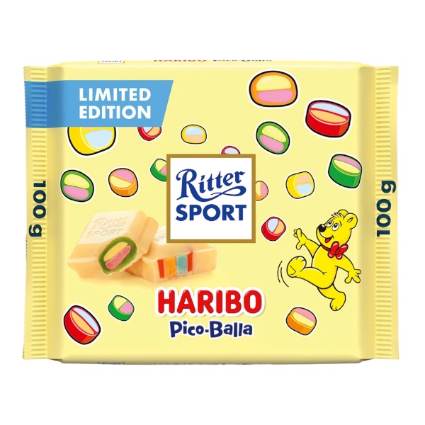 🍫 Ritter Sport incontra HARIBO Pico-Balla! La cremosa cioccolata bianca Ritter Sport incontra il coloratissimo Pico-Balla di HARIBO, creando una combinazione originale, fruttata e sorprendente! 🍬🌈