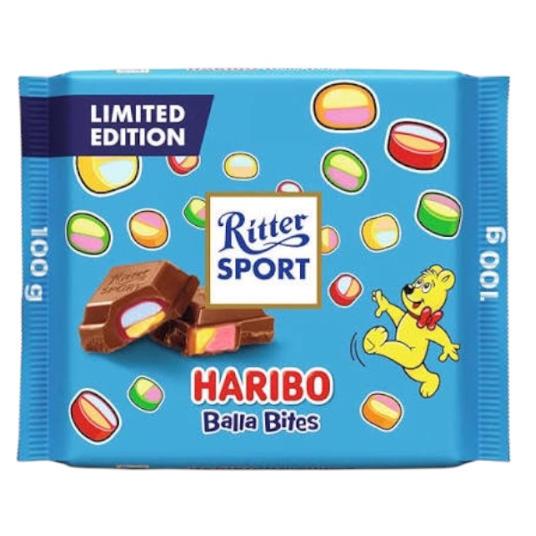 Ritter Sport × HARIBO Pico-Balla è una delle collaborazioni più particolari nate dall'incontro di due grandi marchi tedeschi del mondo dolciario. 🇩🇪🍫 La tavoletta combina il classico cioccolato al latte Ritter Sport con il coloratissimo Pico-Balla, creando un contrasto davvero particolare: cioccolato cremoso e intenso da una parte, piccoli pezzi di confettiseria alla frutta dall'altra.
