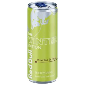 Scopri la nuova Red Bull Winter Edition 2026 Pistachio & Berries, l'edizione stagionale dal caratteristico gusto di pistacchio e frutti di bosco.La bevanda mantiene la classica formula Red Bull a base di caffeina, taurina e vitamine del gruppo B, con 32 mg di caffeina per 100 ml, pari a 80 mg per lattina da 250 ml.