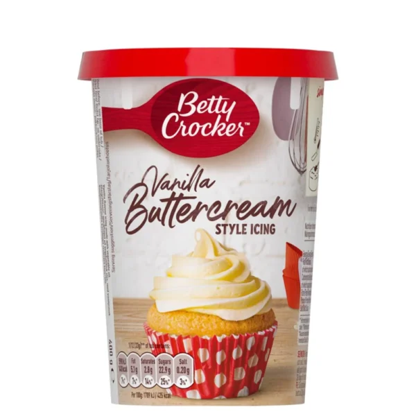 La Betty Crocker Vanilla Buttercream Icing è una cremosa glassa al gusto vaniglia, pronta all'uso per decorare, ricoprire e farcire torte, cupcake e muffin.