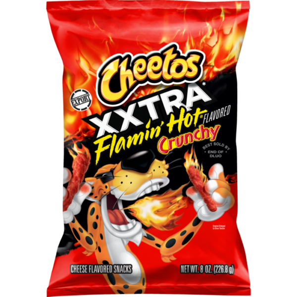 Cheetos Flamin Hot XXTRA Crunchy Cheese - 227 gr Per chi pensa che i normali Flamin’ Hot non siano abbastanza piccanti! 🔥 I Cheetos XXTRA Flamin’ Hot Crunchy sono croccanti snack di mais al formaggio ricoperti da un intenso condimento Flamin’ Hot, con un livello di piccantezza extra.