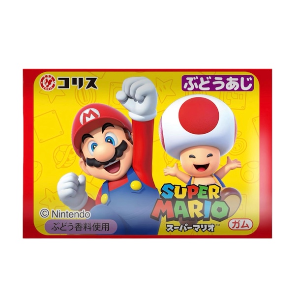 Coris Super Mario Gum 6 gr Le Coris Super Mario Gum sono gomme da masticare giapponesi al gusto uva, con una confezione colorata dedicata ai personaggi Nintendo Mario e Toad.