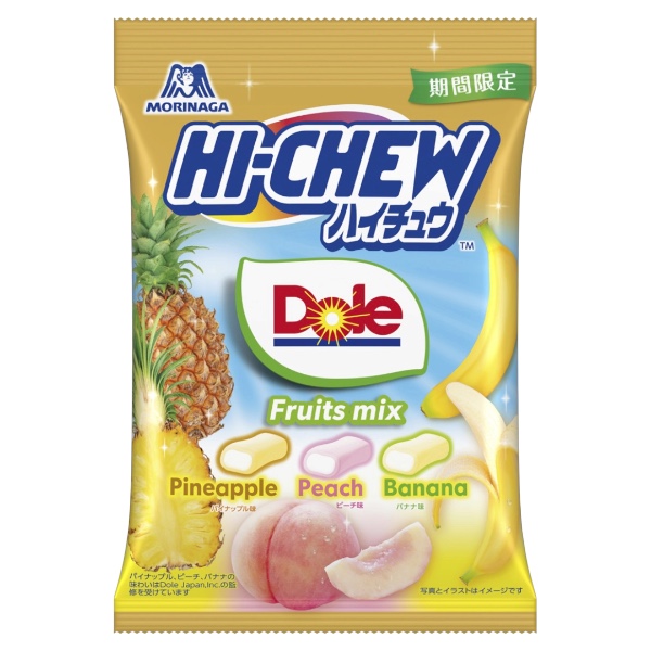 Morinaga Hi-Chew Dole Fruits Mix – Edizione Giapponese 68 gr Le Morinaga Hi-Chew Dole Fruits Mix sono morbide caramelle gommose giapponesi realizzate in collaborazione con Dole, con tre gusti fruttati: ananas, pesca e banana.