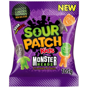 Le Sour Patch Kids Monster Heads sono caramelle gommose americane dal look mostruoso e dal gusto fruttato, caratterizzate dal classico contrasto Sour Patch: un primo tocco acidulo seguito da una dolcezza irresistibile.
